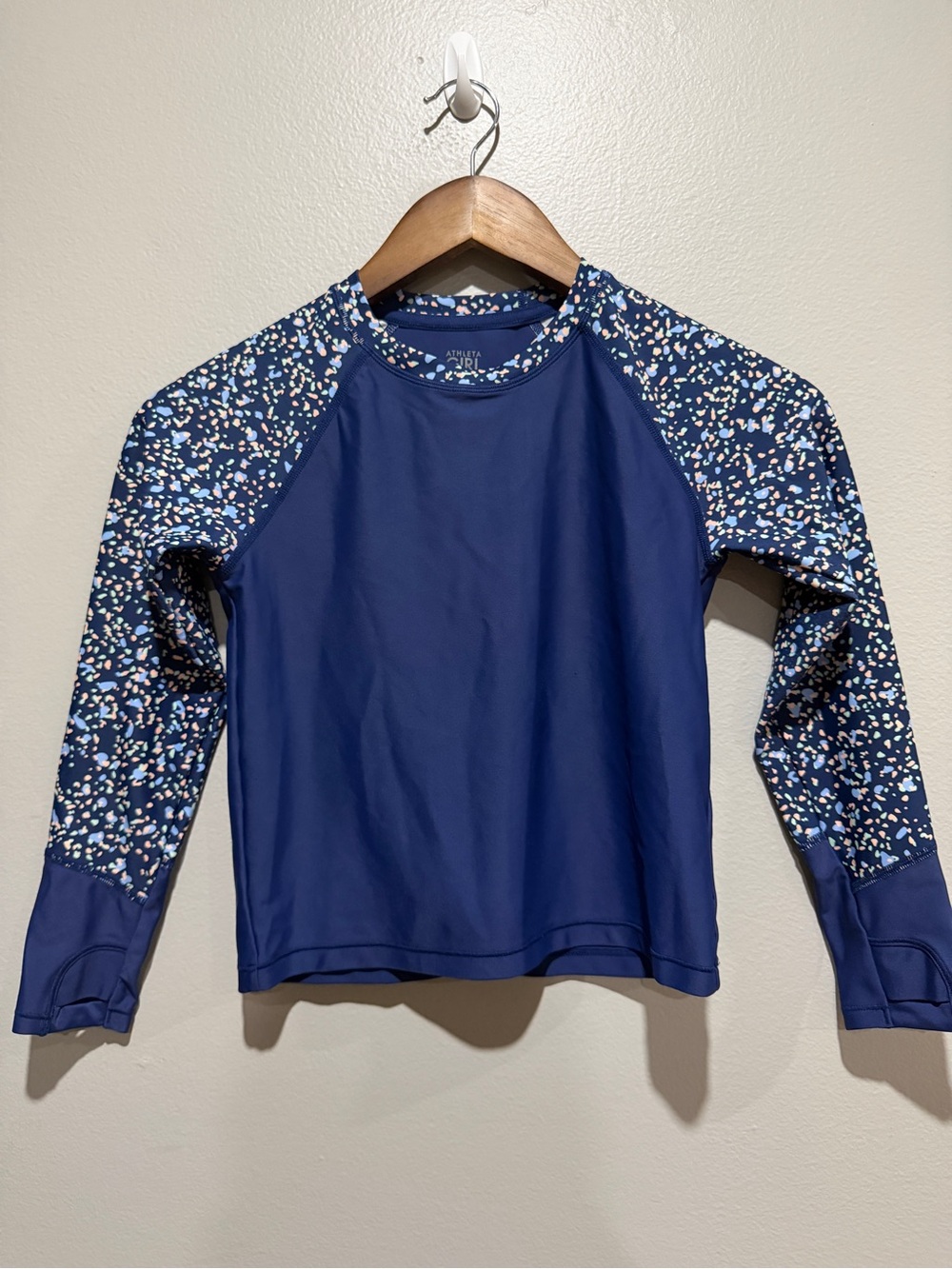 Athleta Navy Rashguard with Confetti-Print Sleeves size S/7